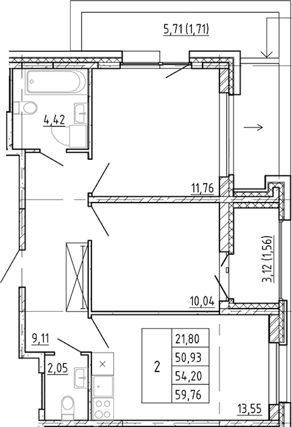 2-комнатная квартира 50.93 м², 11/12 эт., ЖК «Полис Новоселье»